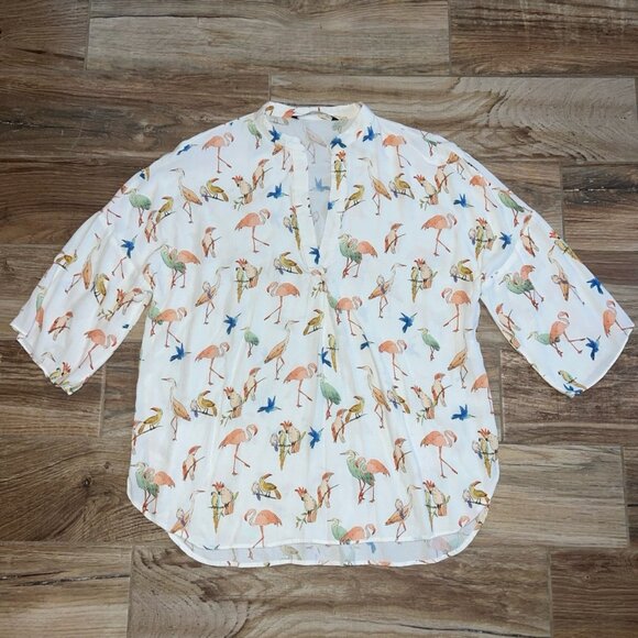 Zara Flamingo Bird Print Tunic Blouse - Picture 2 of 3